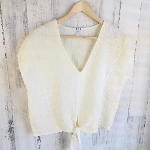 NWOT Three Dots Gauze Tie Front Top Cotton V Neck Blouse Ivory Yellow S - Picture 1 of 9